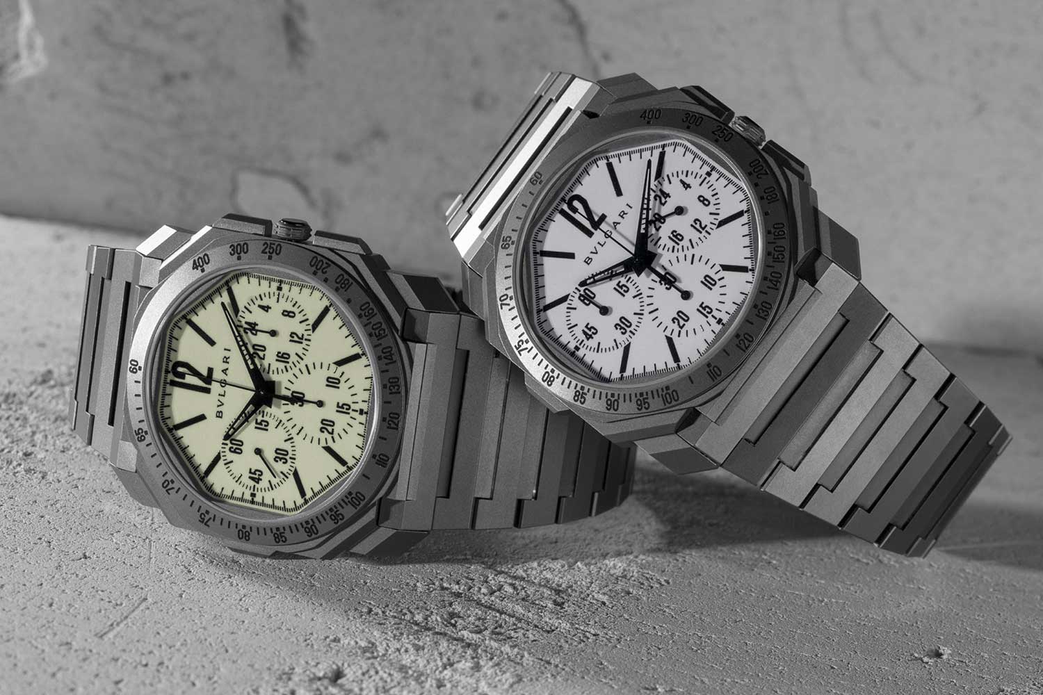 2020 Bvlgari Octo Finissimo Chronograph GMT “White Light” (right); 2021 Bvlgari Octo Finissimo Chronograph GMT “Nuclear Option”