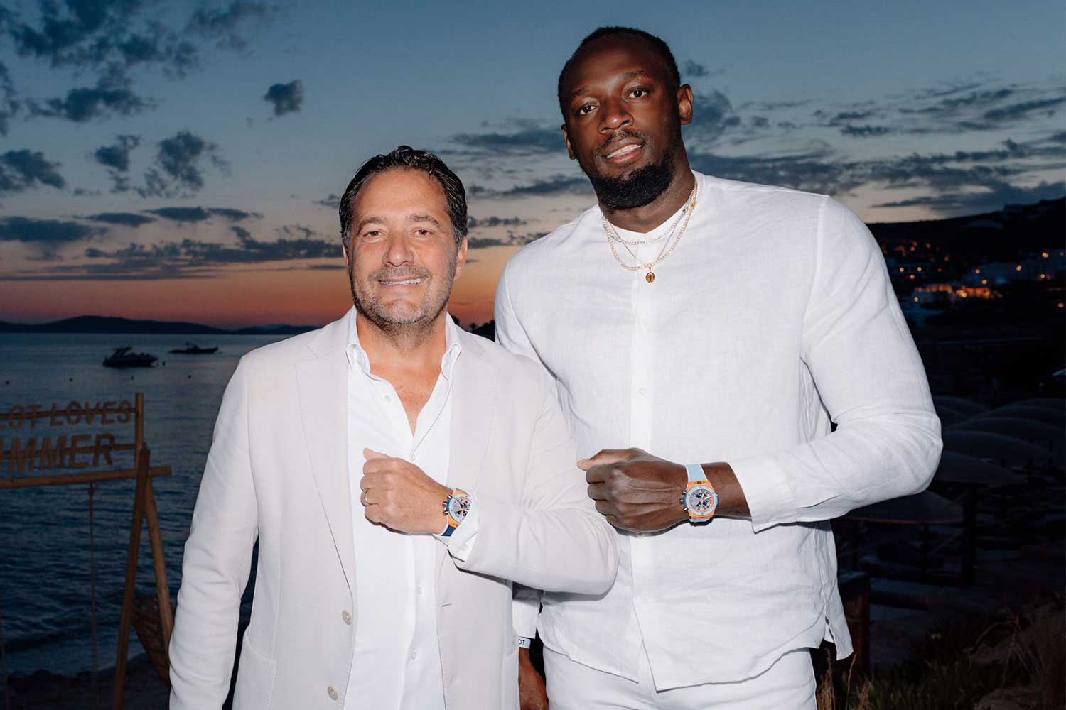 Julien Tornare (left), CEO of Hublot and Usain Bolt (right), Hublot ambassador, at the Big Bang Unico Summer 2025 launch party in Mykonos
