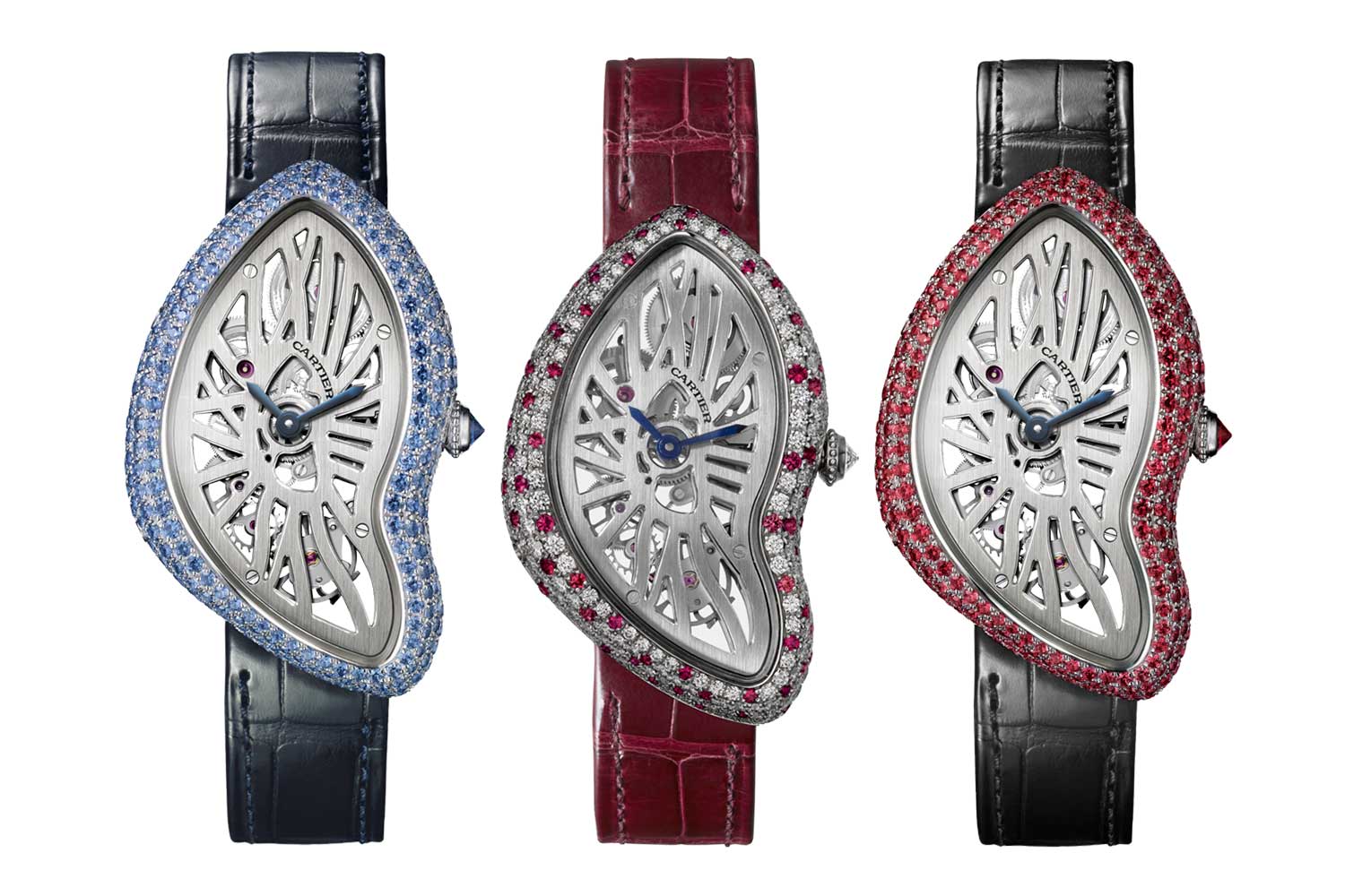 The limited edition Crash Skeleton in three striking gem-set iterations: blue sapphires, diamonds and rubies (2017) and one entirely adorned with rubies (2018)
