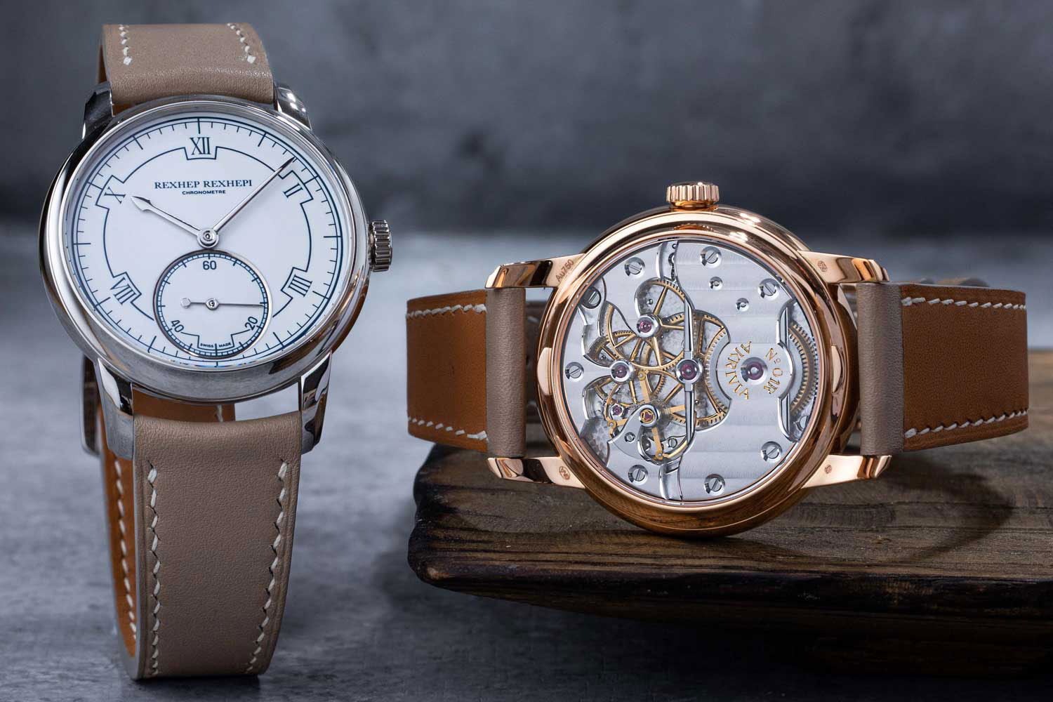Rexhep Rexhepi Chronometre Contemporain in platinum presented in 2020 (left) and in pink gold released in 2018 (right)
