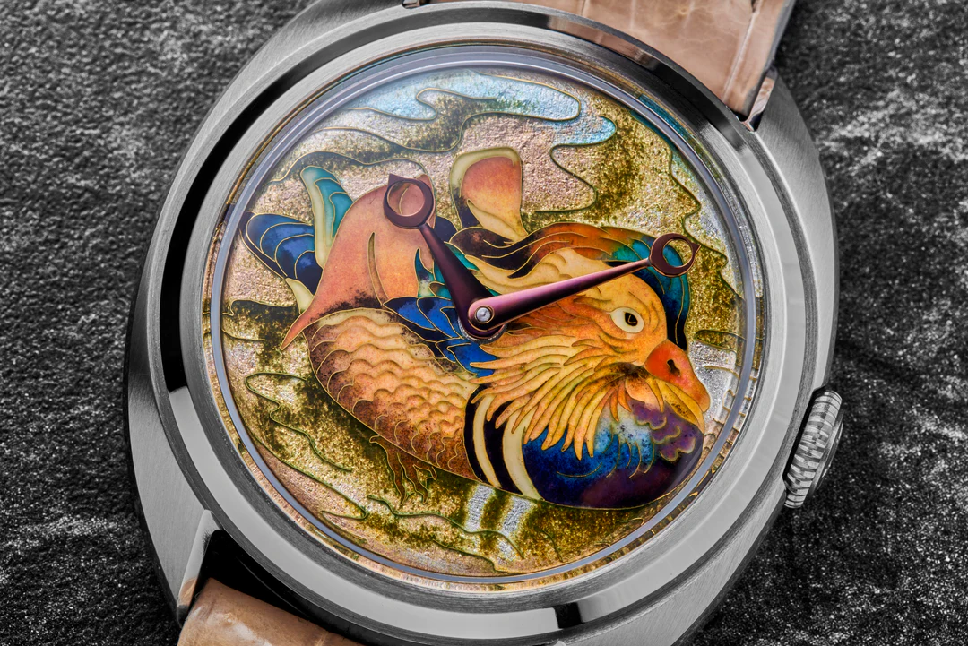 The Celadon Century Cloisonné “Mandarin Duck” is housed in a 42mm case, highlighting a beautifully crafted cloisonné enamel dial